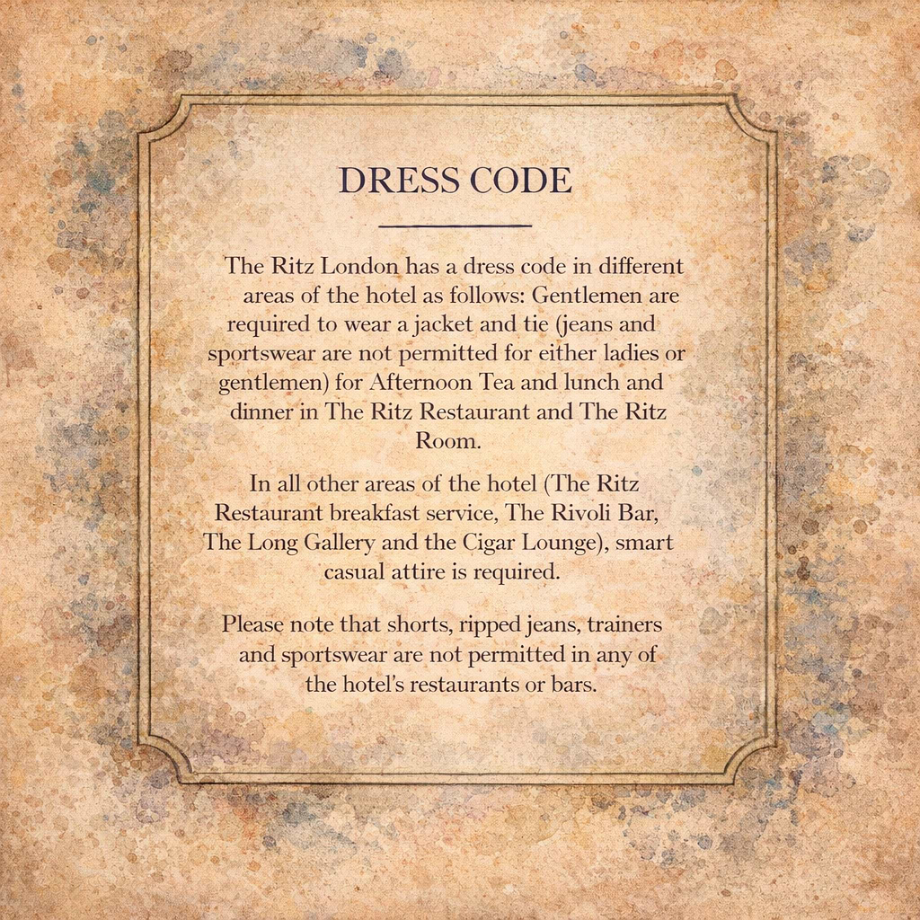 browns hotel afternoon tea dress code Afternoon tea in The Drawing Room at Brown's Hotel. The order of  consumption is sandwiches followed by scones and finally the  cakes/patisserie. When champagne is served, this is known as a Royal