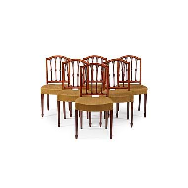 Set Of Eight Sheraton Style Mahogany And Satinwood Dining Chairs, Late 19th / Early 20th Century