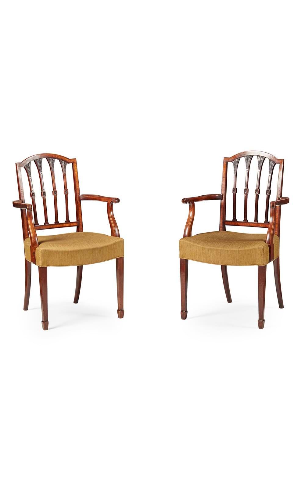 Set Of Eight Sheraton Style Mahogany And Satinwood Dining Chairs