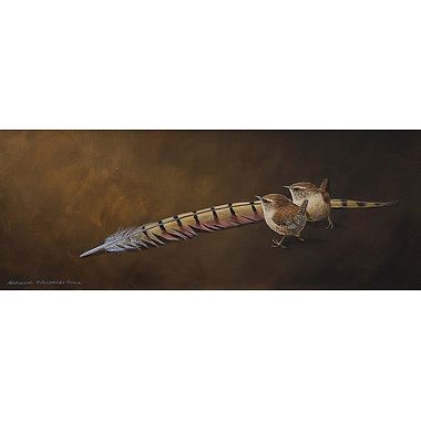 Wrens and Pheasant Feather by Richard Whittlestone