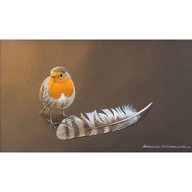Robin and Tawny Owl Feather by Richard Whittlestone