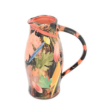Small Slim Curved Jug Leaves, Red Lining by Sophie MacCarthy