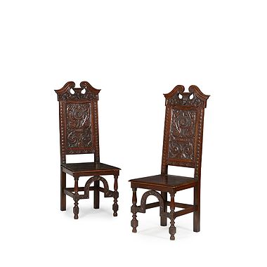 Pair of Renaissance Revival Oak Hall Chairs, 19th Century