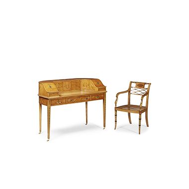 VICTORIAN PAINTED SATINWOOD CARLTON HOUSE DESK AND ARMCHAIR, Late 19th Century