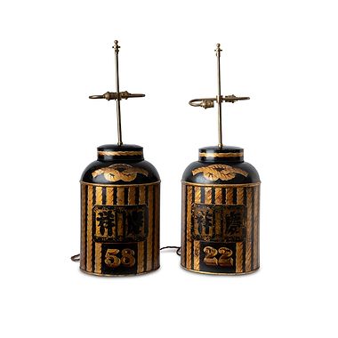 Pair of Painted and Parcel Gilt Tole Tea Canister Lamps, 19th Century