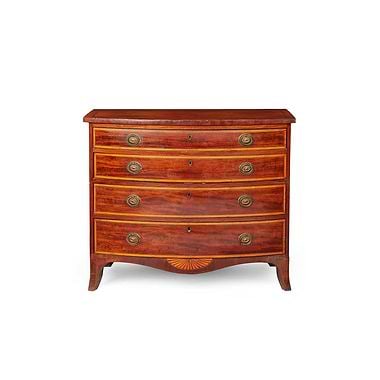 Late George III Mahogany And Satinwood Bowfront Chest Of Drawers, Late 18th Century