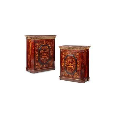 Pair Of Fine Dutch Rosewood And Marquetry Marble Topped Pier Cabinets, 19th Century