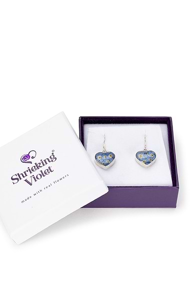 Shrieking Violet Real Flower Heart Drop Earrings