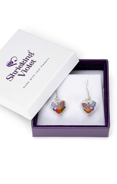 Shrieking Violet Real Flower Heart Drop Earrings