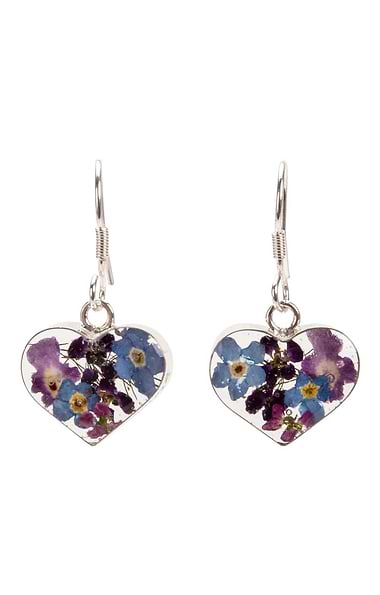 Shrieking Violet Real Flower Heart Drop Earrings