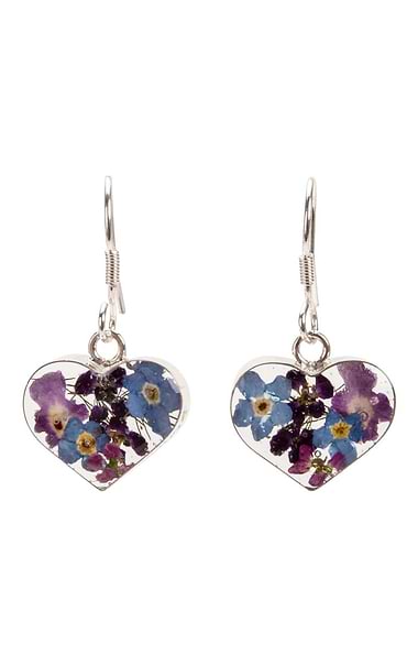 Shrieking Violet Real Flower Heart Drop Earrings