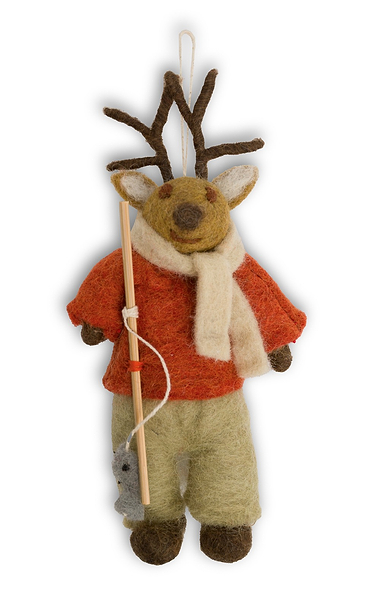 Felted Deer with Fishing Pole Ornament