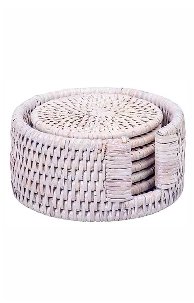 Set of Six Rattan Coasters with Holder