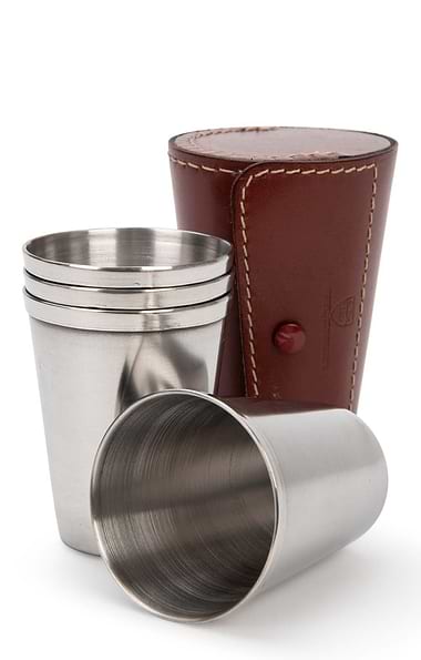 Four Stainless Steel Cups with Leather Case