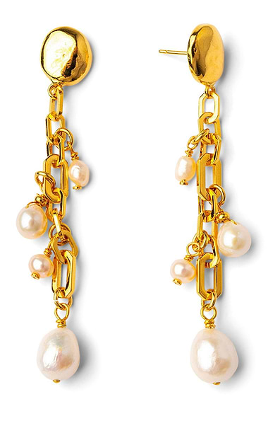 Gold Plated Stud Small Pearl Drop Chain Earrings