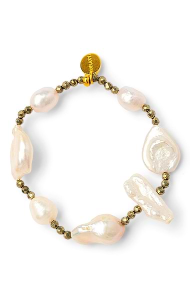 White Pearl Stretch Bracelet with Pyrite