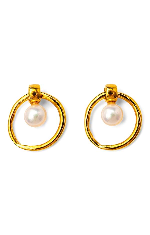 Gold Irregular Hoop Earrings with White Pearl