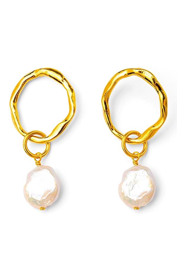 Gold Plated Irregular Circle Earrings with Pearl