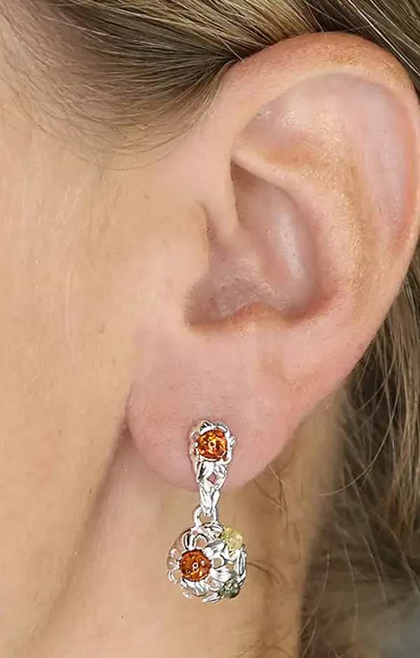 Mixed Amber Flower Dome Drop Earrings