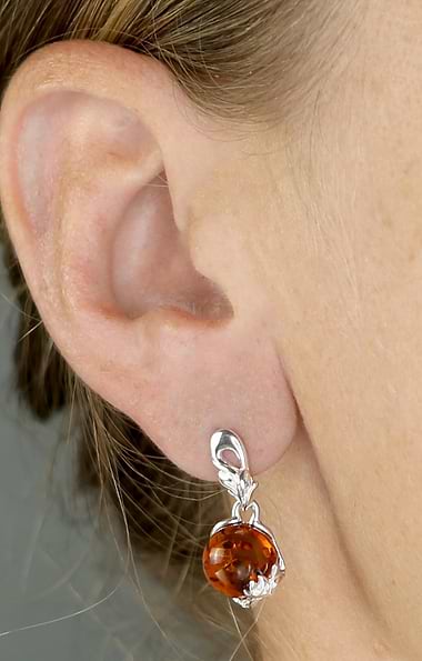 Silver Ball Amber Earrings