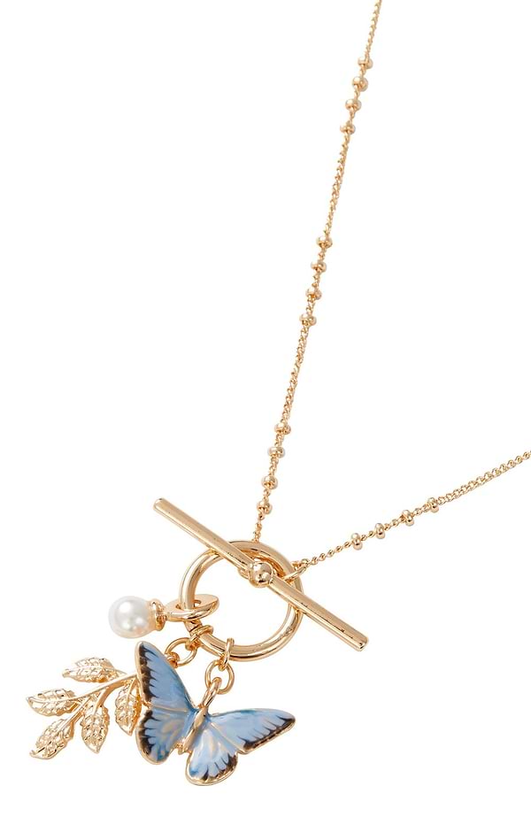 Enamel Blue Butterfly & Leaf Charm Necklace