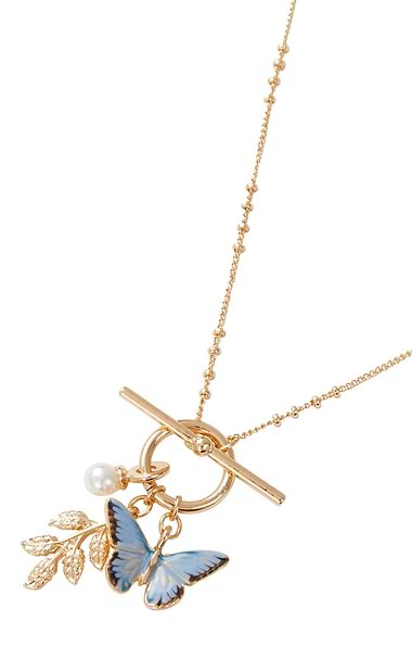 Enamel Blue Butterfly & Leaf Charm Necklace
