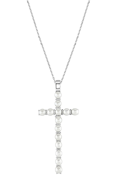 Ladies Freshwater Pearl Cross Pendant Necklace