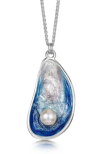 Sheila Fleet Large Mussel Pendant with Peach Pearl in Mussel Blue Enamel