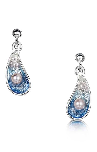 Sheila Fleet Small Mussel Drop Earrings with Peach Pearls in Mussel Blue Enamel