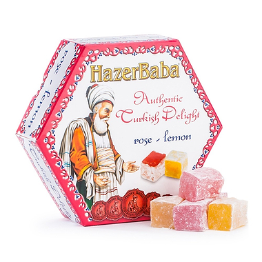 Hazer Baba Rose and Lemon Turkish Delight Hexagon Carton 250g