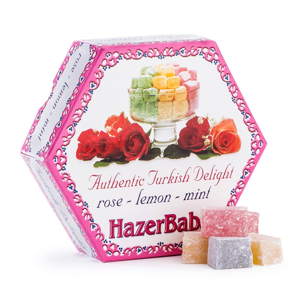 Hazer Baba Rose, Lemon and Mint Turkish Delight Hexagon Carton 250g