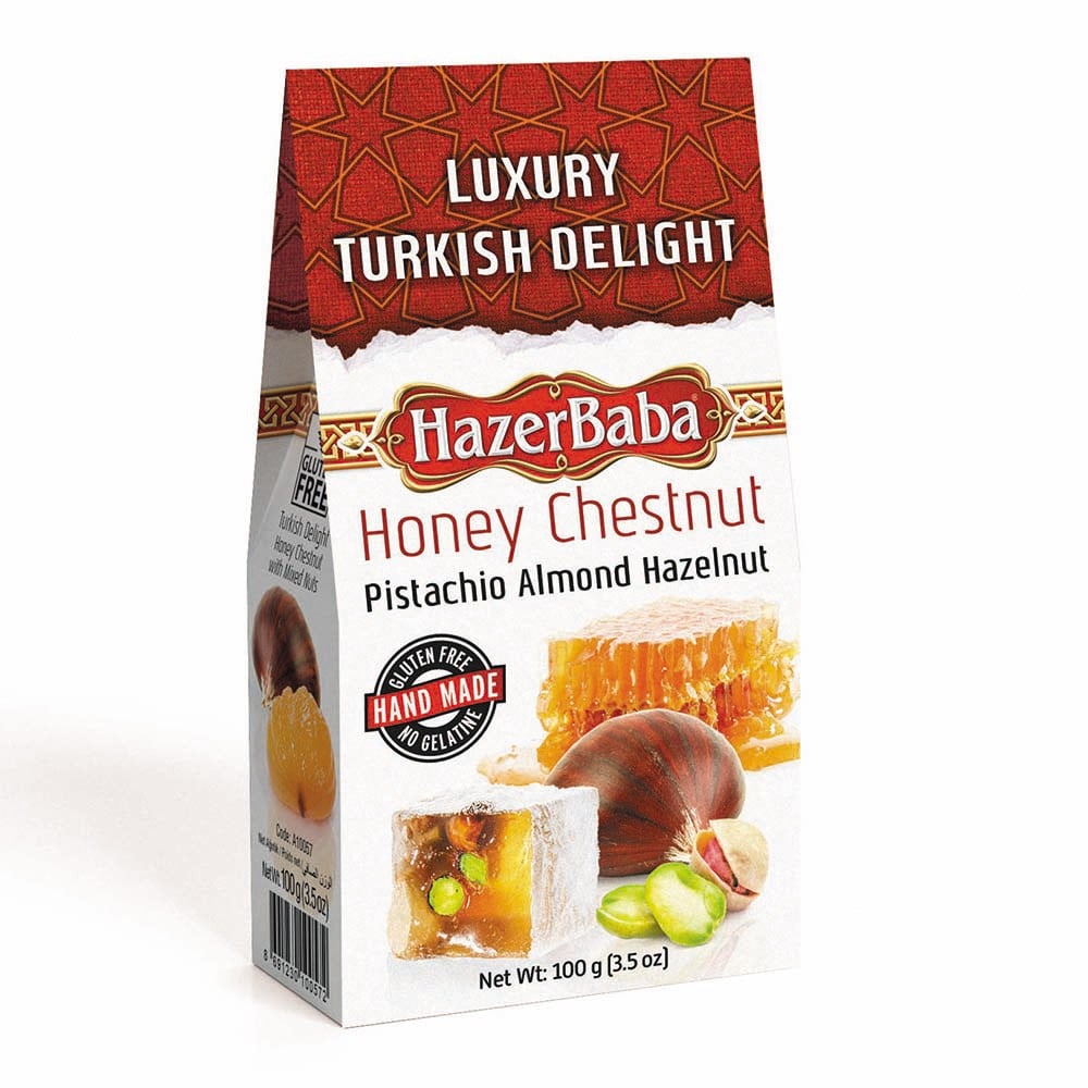 Hazer Baba Honey Chestnut, Pistachio, Almond and Hazelnut Turkish Delight Carton 100g