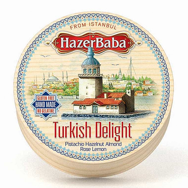 Hazer Baba Rose, Lemon, Pistachio, Almond and Hazelnut Turkish Delight Wooden Drum 250g