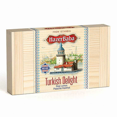 Hazer Baba Rose, Lemon, Pistachio and Hazelnut Turkish Delight Wooden Drum 454g