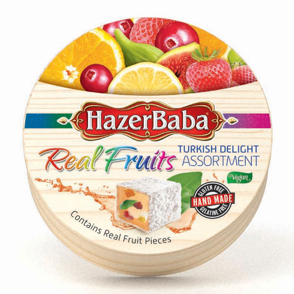 Hazer Baba Real Fruits Assortment Turkish Delight Wooden Drum 250g