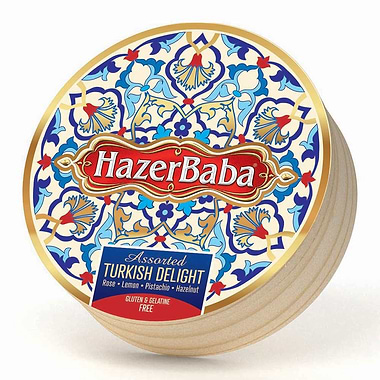 Hazer Baba Rose, Lemon, Pistachio and Hazelnut Turkish Delight Wooden Drum 454g