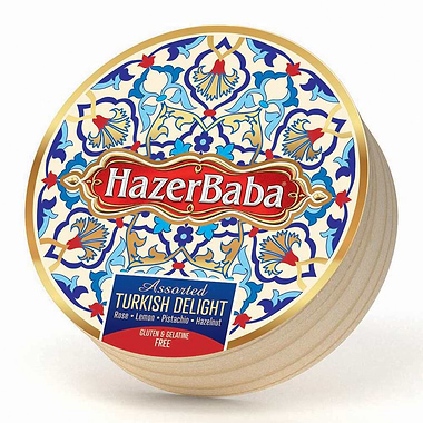 Hazer Baba Rose, Lemon, Pistachio and Hazelnut Turkish Delight Wooden Drum 454g