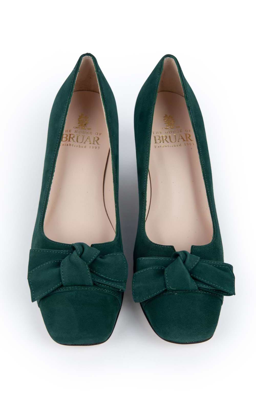 Ladies Mid Heel Suede Bow Shoe, Green - House of Bruar Ladies Mid Heel Suede Bow Shoe, Green - House of Bruar