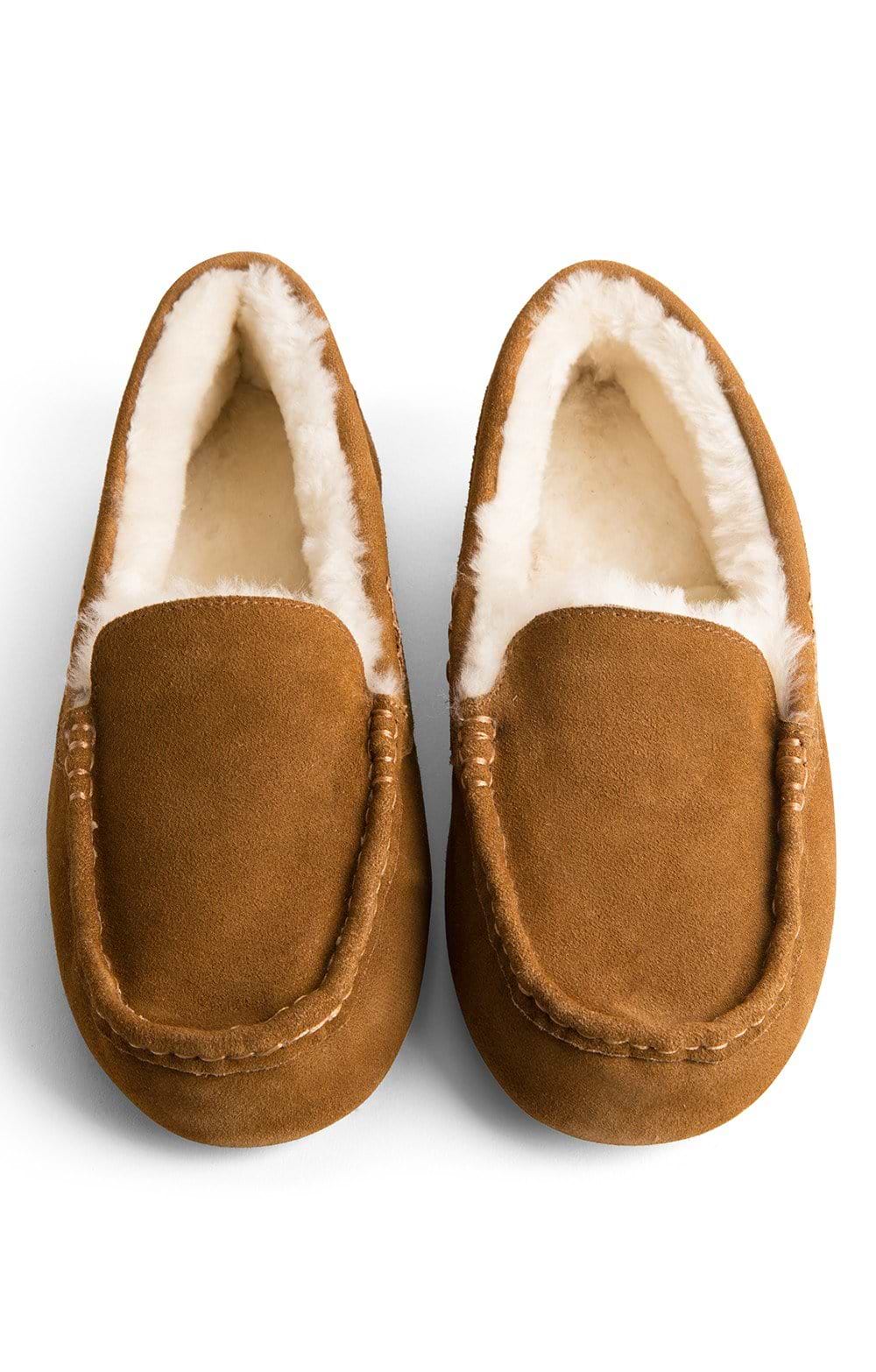 thumbnail interactive-video image 1 of Men's Sheepskin Moccasin Slippers – Real Suede & Wool Lining, Rubber Sole (Brown, UK Made) 1 of 3