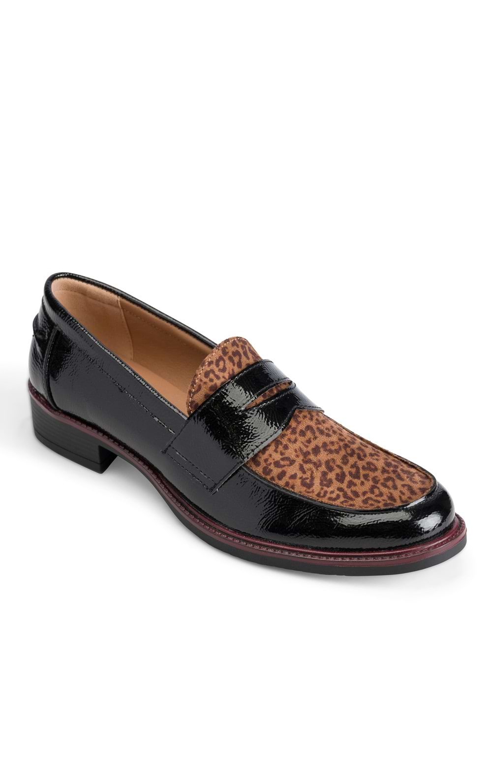 Ladies Patent Leather Leopard Print Penny Loafers, Black House