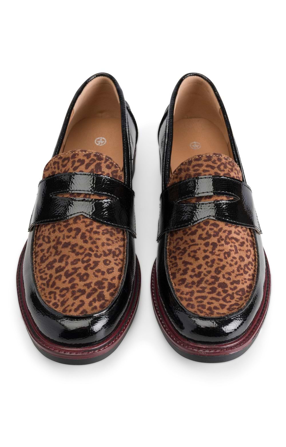 Ladies Patent Leather Leopard Print Penny Loafers, Black House