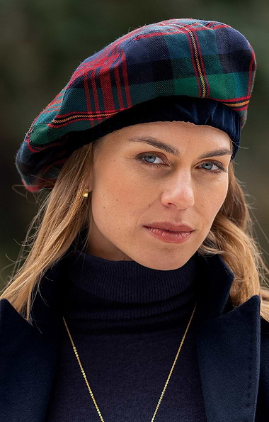Ladies Velvet Trim Plaid Beret