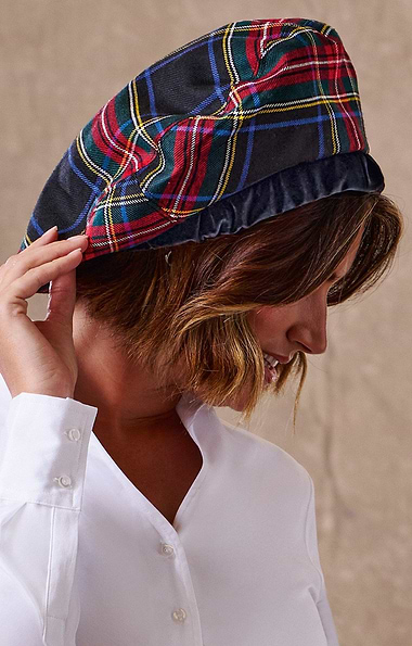 Ladies Velvet Trim Plaid Beret