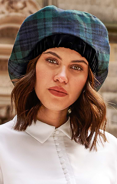 Ladies Velvet Trim Plaid Beret