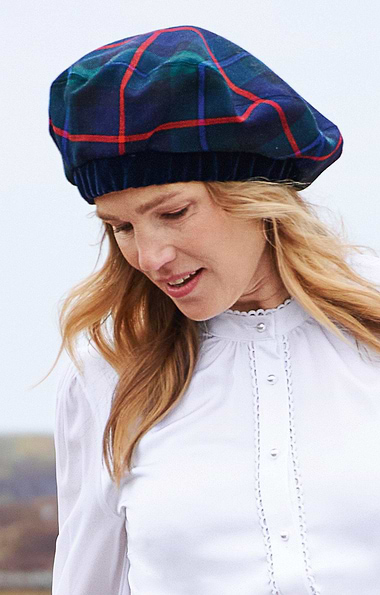 Ladies Velvet Trim Plaid Beret