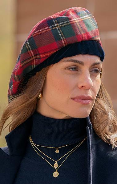 Ladies Velvet Trim Plaid Beret