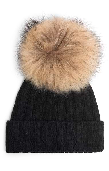 Ladies Cashmere Hat with Fox Fur Pom Pom