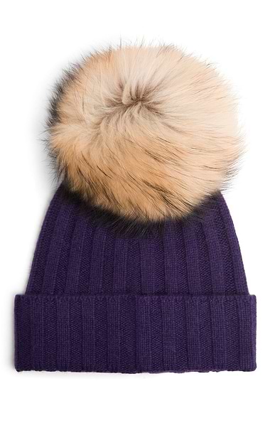 Ladies Cashmere Hat with Fox Fur Pom Pom