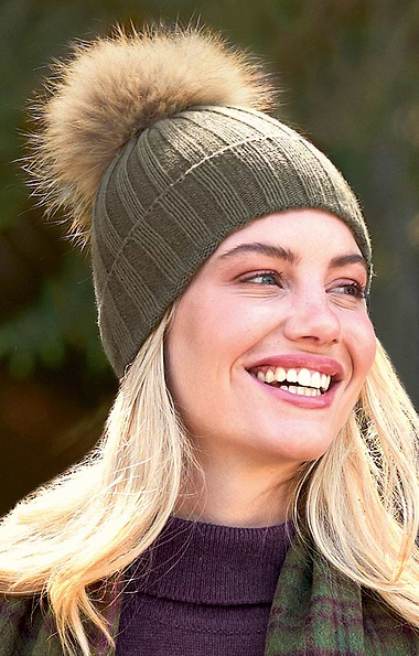 Ladies Cashmere Hat with Fox Fur Pom Pom