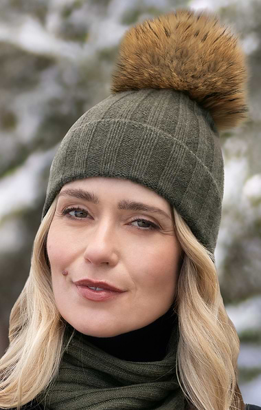 Ladies Cashmere Hat with Fox Fur Pom Pom